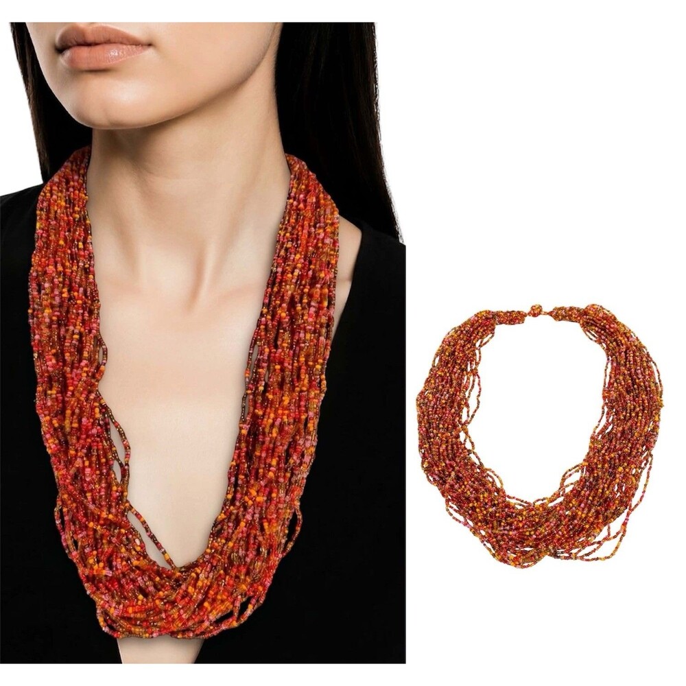 Vtg Necklace red and orange seed beads 30 strands 20 in long crocheted ends